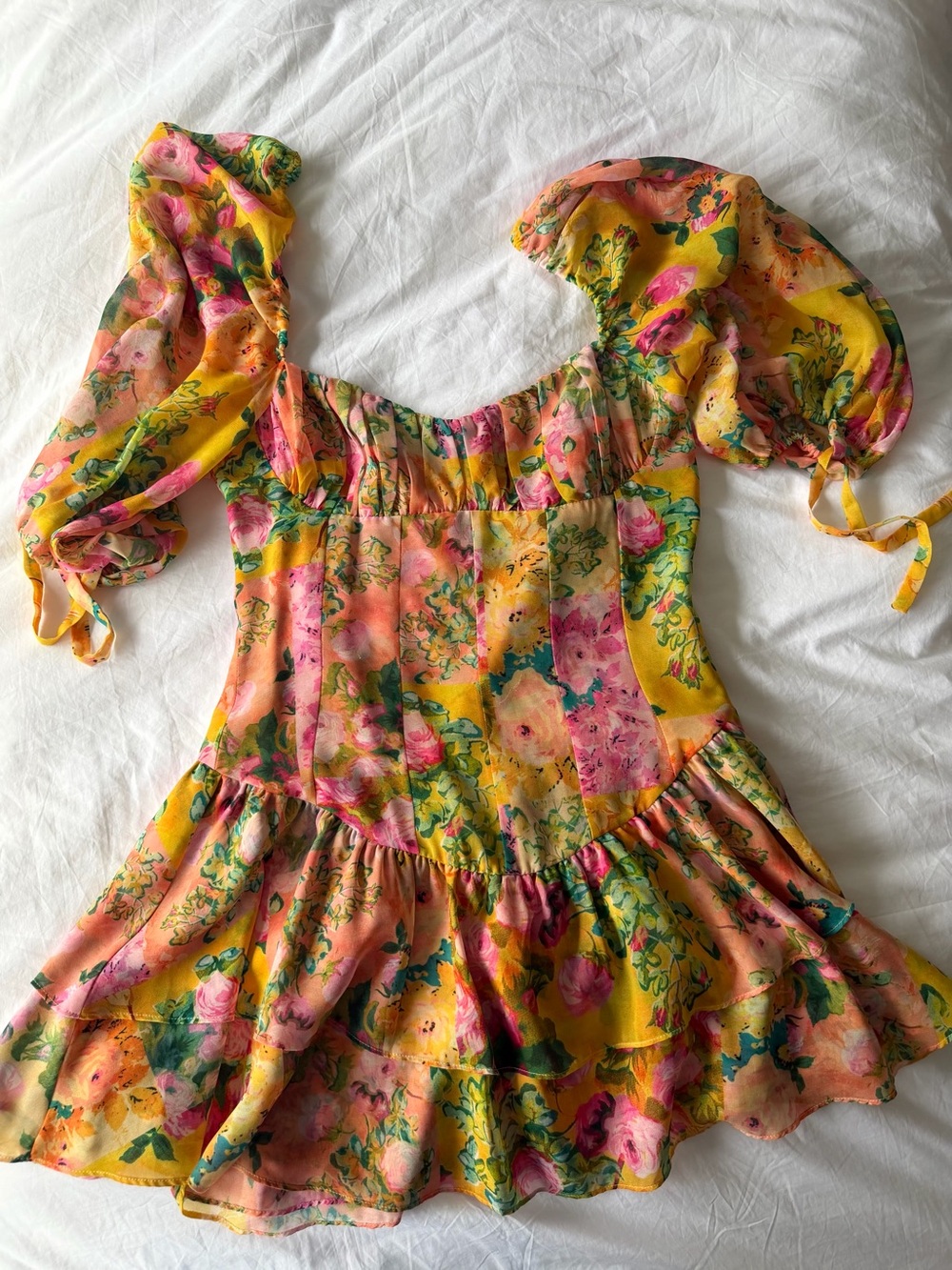 For Love And Lemons Yellow Floral Puff-Sleeve Tiered Dress
